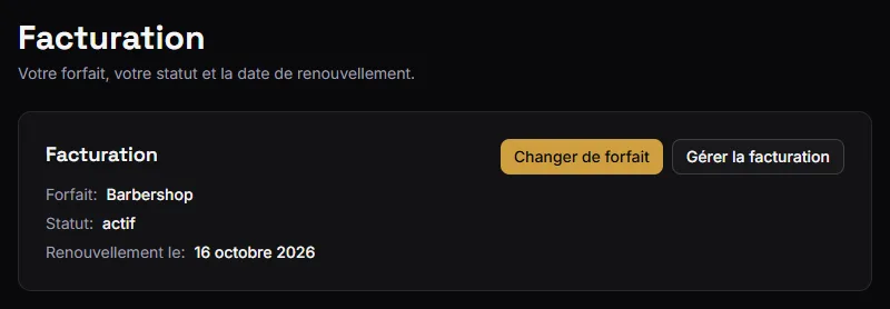 La page de facturation, avec Changer de forfait et Gérer la facturation