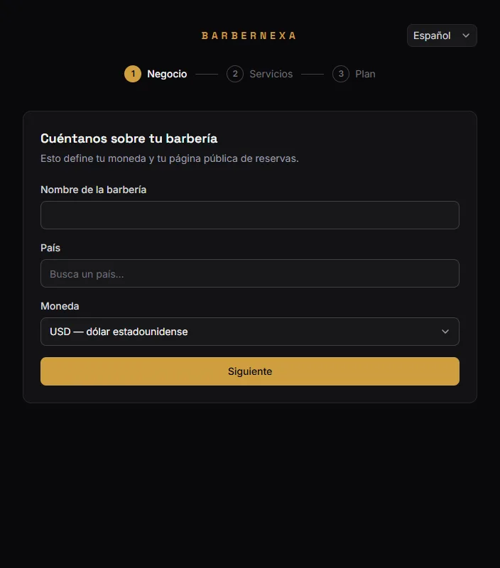 Paso 1: nombre, país y moneda