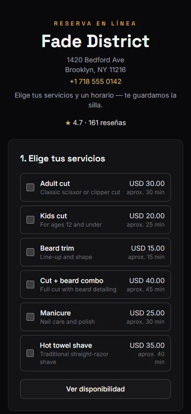 La página de reservas en un teléfono