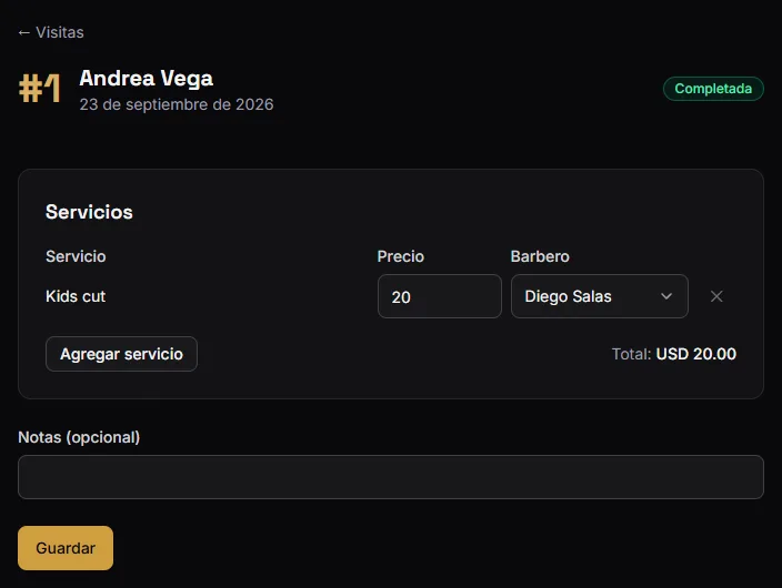 Una visita en espera: Iniciar, Completar y cada servicio con su barbero