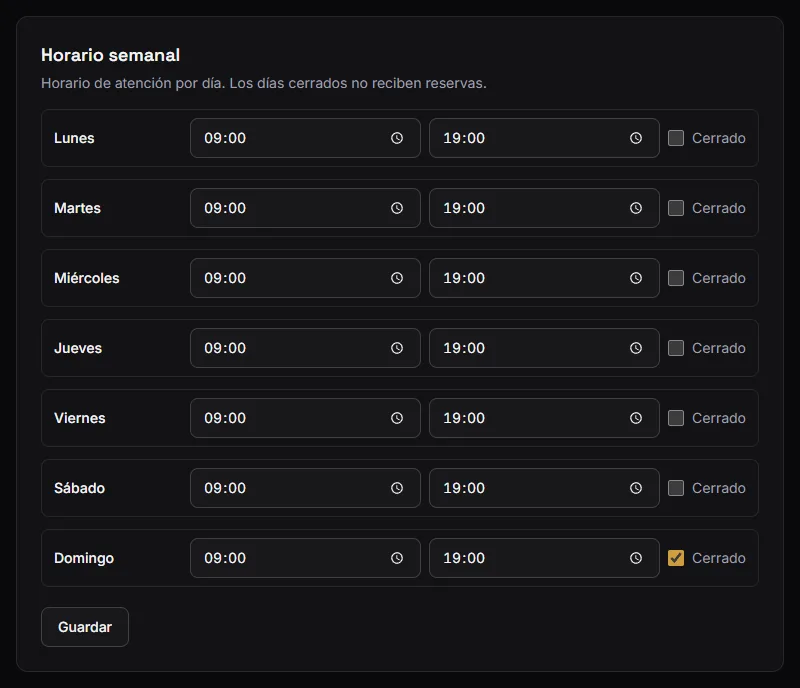 Configuración → Horario semanal